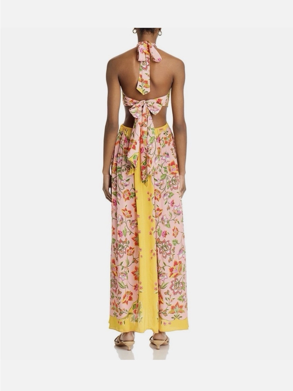 FARM Rio Yellow & Pink Floral Halter Maxi Dress with Waist Cutouts MEDIUM NWT - Picture 2 of 7